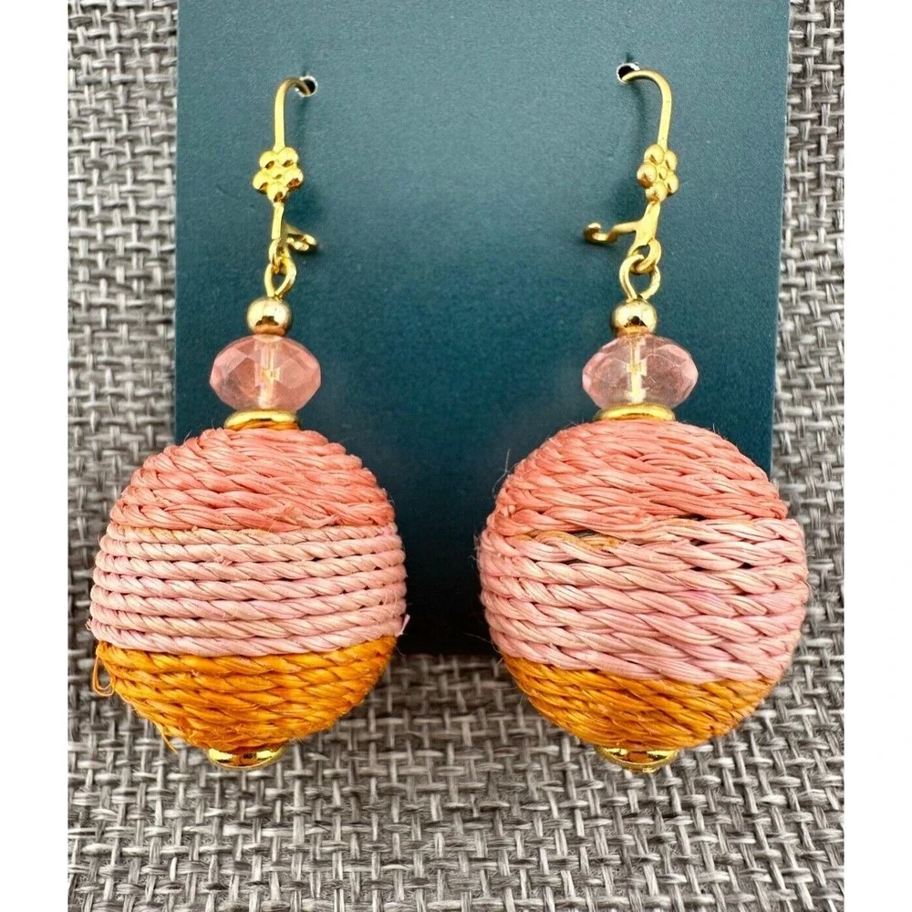 Braided Raffia Wrapped Globe Earrings Pink &‎ Orange Handcrafted NEW